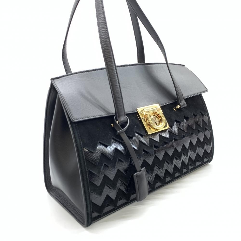 Salvatore Ferragamo Black Suede Handbag Leather